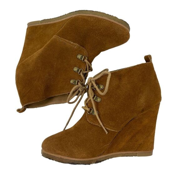 Steve Madden Suede Tangoo Lace-Up Wedge Ankle Bootie Women's 8 Cognac Brown - Picture 5 of 10